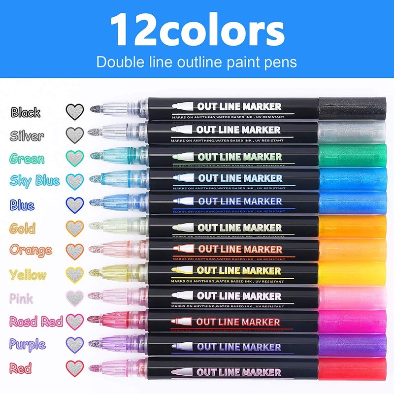 Yangmei Shimmer Markers Outline Pens  Stocking Stuffers for Kids Teens  Teen Girl Girls Trendy Stuff  12 Colors Metallic Markers for Drawing  Art Supplies  Arts Crafts  Gifts for 4-12 Year Old Girl - Image 2